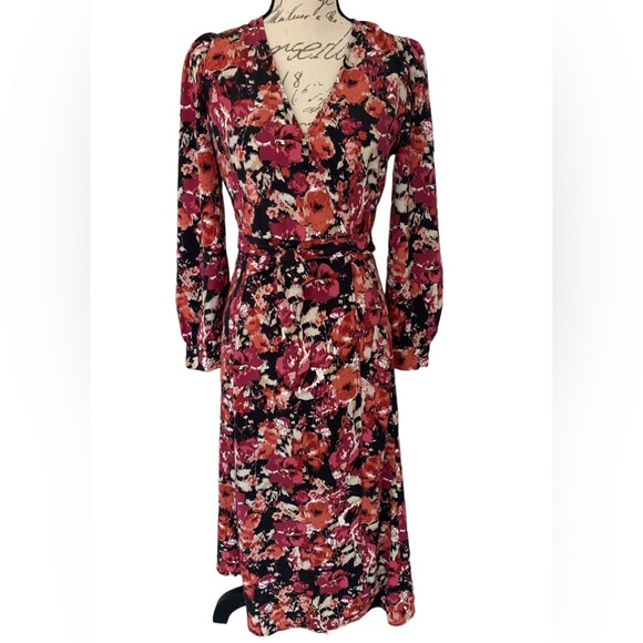 Chelsea28 Black Floral Tie Front Wrap Midi Dress Size XS - Picture 2 of 7
